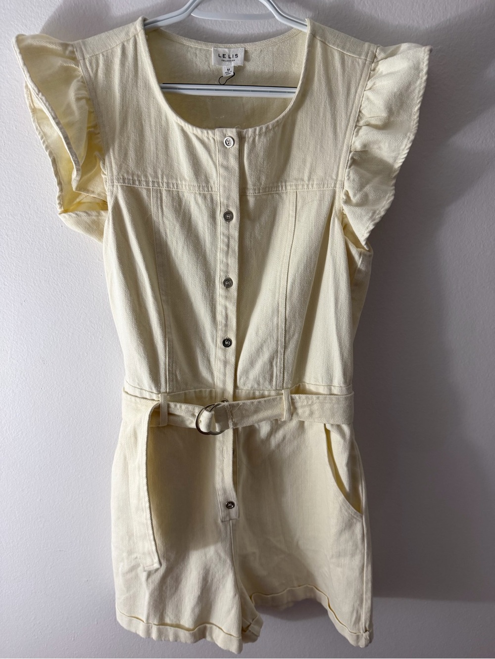 Le Lis Pale Yellow Short Sleeve Denim Romper with Belt